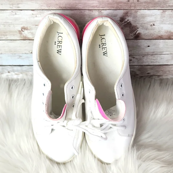 J. Crew, women's white with pink sneakers. Hardly used. Leather Flocking, Sz 7.5 - Picture 5 of 8